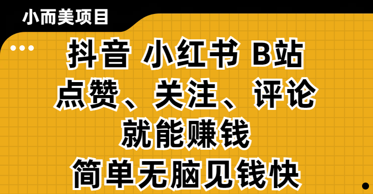 小而美的项目,抖音、小红书、B站视频点赞、关注、评论就能赚钱,简单无脑立见收益!妥妥的零撸项目