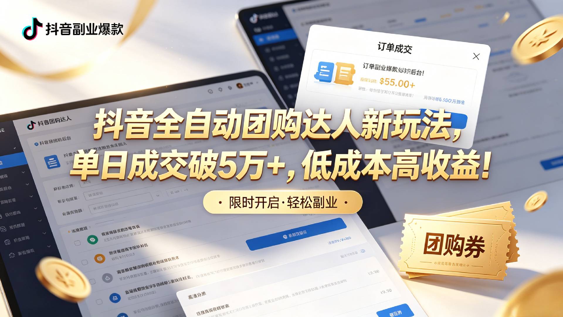 抖音全自动团购达人新玩法，单日成交破5万+，低成本高收益！