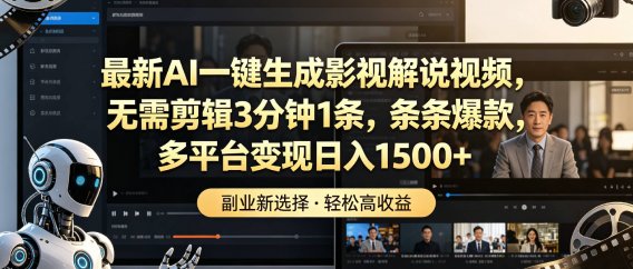 最新AI一键生成影视解说视频,无需剪辑3分钟1条,条条爆款,多平台变现日入1500+