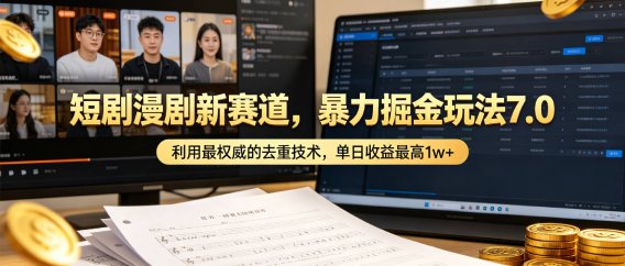 短剧漫剧新赛道,暴力掘金玩法7.0,利用最权威的去重技术,单日可收益最高1w+