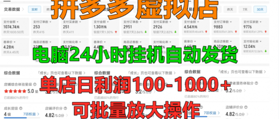 拼多多虚拟店,单店日利润100-1000+,挂机全自动发货,长久稳定新手首选项目,可批量放大操作!