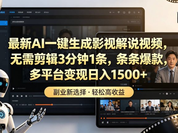 最新AI一键生成影视解说视频,无需剪辑3分钟1条,条条爆款,多平台变现日入1500+